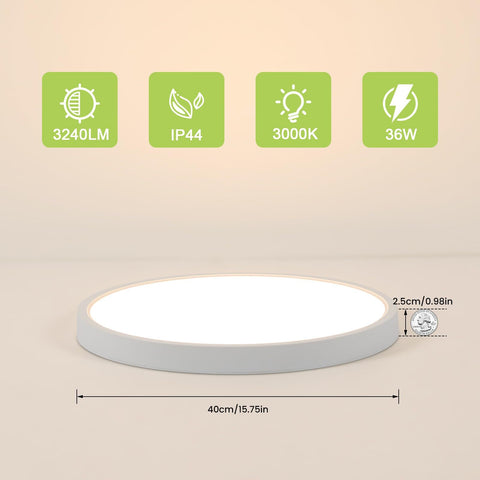 Luz de techo LED ultrafina de 2 uds, redonda blanca * 40CM, luz blanca cálida de 36W 3500K, PVC, Triple protección para dormitorio y baño