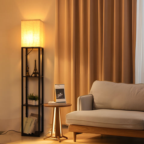 Lámpara de pie minimalista de metal negro con estantes y pantalla de lino - L26xW26xH158 cm, interruptor de pie, casquillo E27 (bombilla no incluida), enchufe europeo