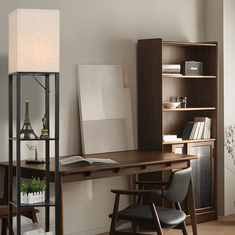 Lámpara de pie minimalista de metal negro con estantes y pantalla de lino - L26xW26xH158 cm, interruptor de pie, casquillo E27 (bombilla no incluida), enchufe europeo