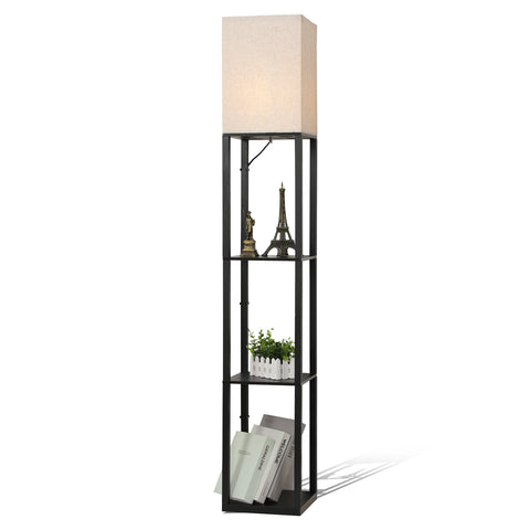 Lámpara de pie minimalista de metal negro con estantes y pantalla de lino - L26xW26xH158 cm, interruptor de pie, casquillo E27 (bombilla no incluida), enchufe europeo