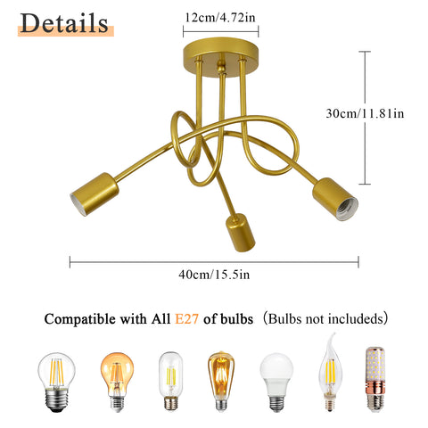 Lámpara de techo industrial, lámparas colgantes de hierro vintage E27, lámpara dorada de 3 luces (bombilla no incluida)