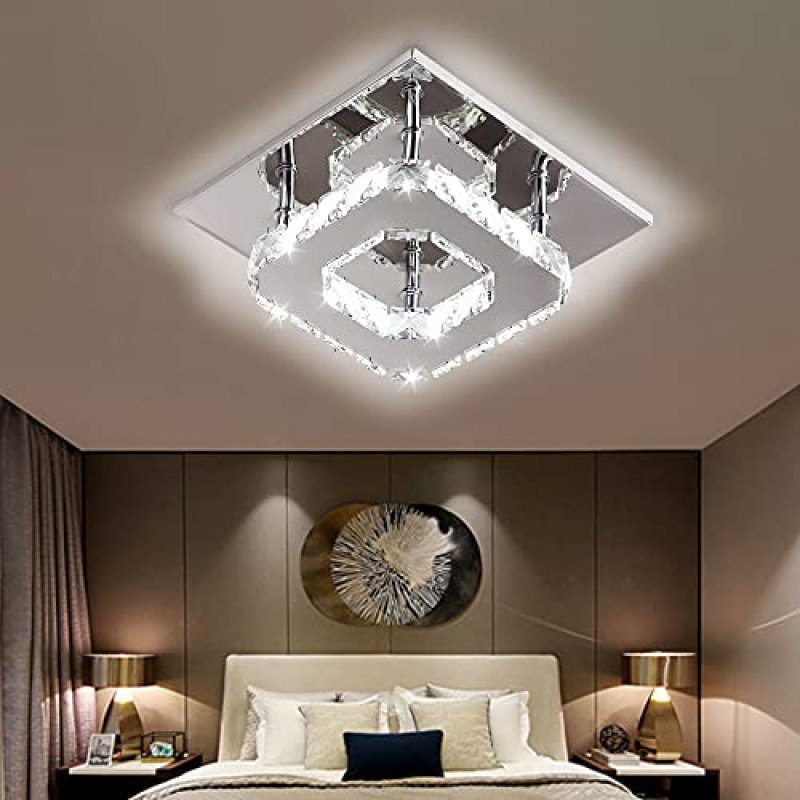 Plafoniera cristallo a LED 3000K, Quadrato Lampadario Soggiorno w Cristallo, LED Integrati 15W Lampadario cucina, Cristallo Plafoniere led a Soffitto Modern acciaio inossidabile lampada da soffitto