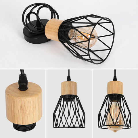 Lámpara colgante industrial, lámpara de techo vintage en madera negra, E27 no incluida