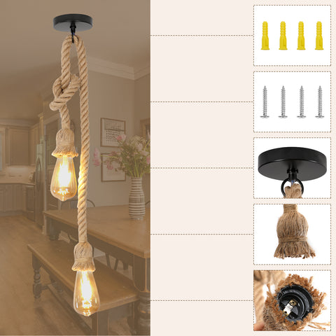 Lámpara colgante industrial vintage Lámpara de araña de cuerda, bombilla E27 en cuerda de cáñamo negra