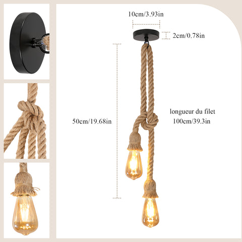 Lámpara colgante industrial vintage Lámpara de araña de cuerda, bombilla E27 en cuerda de cáñamo negra
