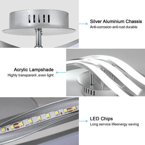 Plafón LED Moderno con Ondas 52cm - 3 Lámparas en Aluminio Plateado, 24W, Luz Blanca 6500K, 220V, CRI 80+, Instalación Versátil