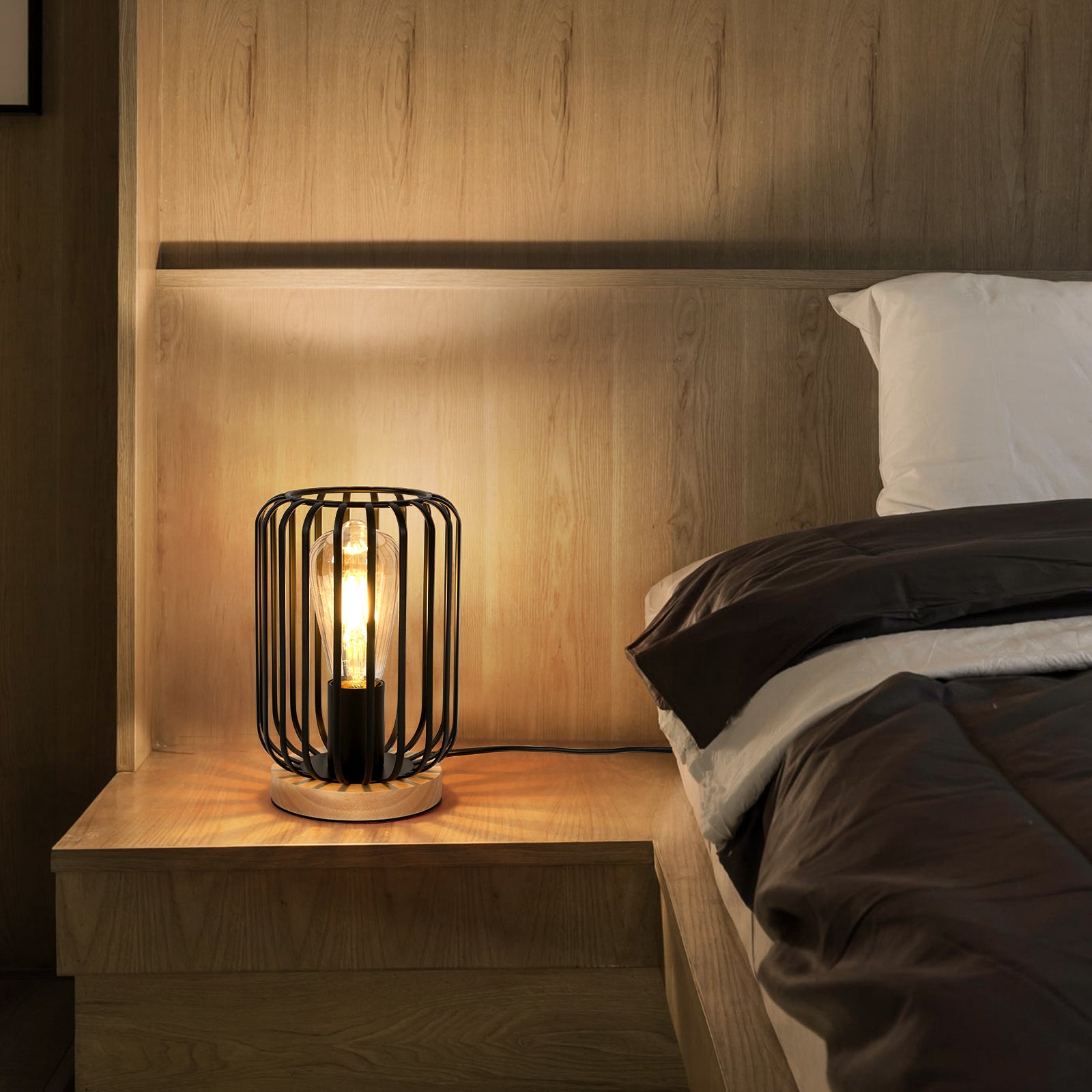 Lampe de Table Moderne en Métal et Bois avec Abat-Jour Ajouré