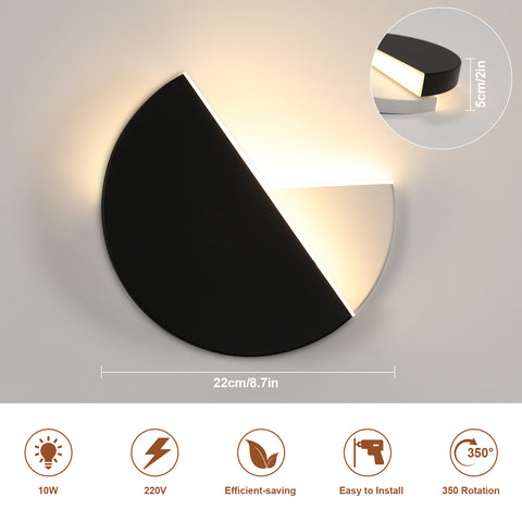 Aplique LED simple y moderno, aplique giratorio negro, luz cálida de 8W