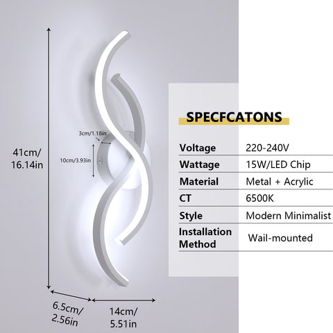 Aplique de pared minimalista moderno en aluminio blanco 41x14x6,5cm - Luz blanca 6500K, 220V