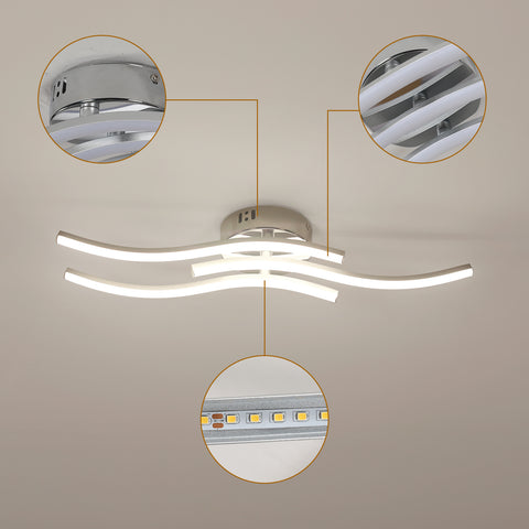 Lámpara de techo LED moderna con tres ondas paralelas - Araña plateada, 18W 60*12cm, luz cálida 3000K, 220V