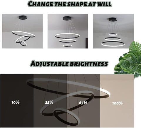 Lámpara De Araña Regulable 40W Anillos Circulares Modernos Luz Colgante Regulable 3000K-6000K para Sala De Estar Dormitorio Comedor Oficina Negro