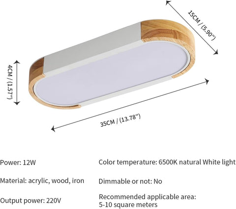 Lámpara de techo LED de madera de 12 W, luz de techo LED blanca fría de 6500 K en iluminación nórdica moderna ovalada Lámpara de techo interior para dormitorio, cocina, pasillo, balcón