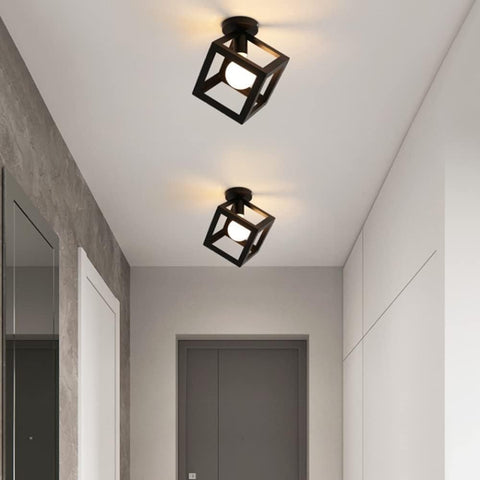 Lámpara de Techo Moderna Lámpara con Forma de Jaula Lámpara de Techo Vintage Estilo Geométrico Pantalla de Metal Iluminación E27 para Dormitorio Sala de Estar Restaurante, Forma de Cubo, 16 CM, Negro