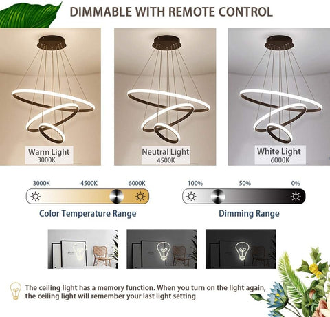 Lámpara De Araña Regulable 40W Anillos Circulares Modernos Luz Colgante Regulable 3000K-6000K para Sala De Estar Dormitorio Comedor Oficina Negro