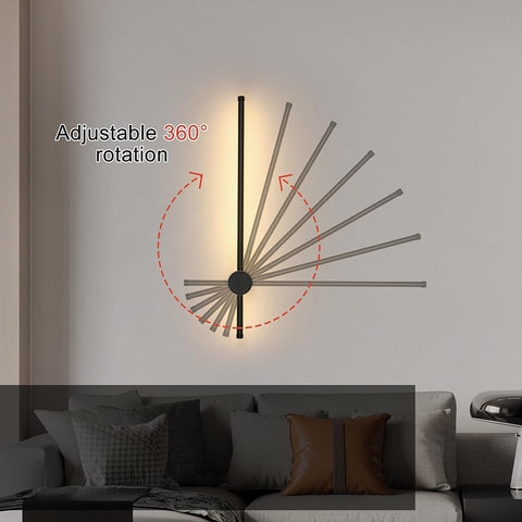 Lámpara de pared LED moderna con forma de línea, giratoria de 360°, blanco cálido, 3000 K, para salón, dormitorio, pasillo, entrada, color negro, 60 cm