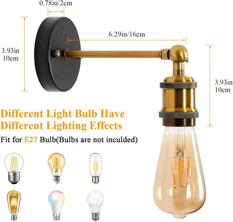 Paquete de 2 luces de pared industriales vintage E27, lámpara de pared de metal retro E27 ajustable a 270 °, luces de pared interiores doradas para escalera, pasillo, sala de estar, cocina (bombilla no incluida)