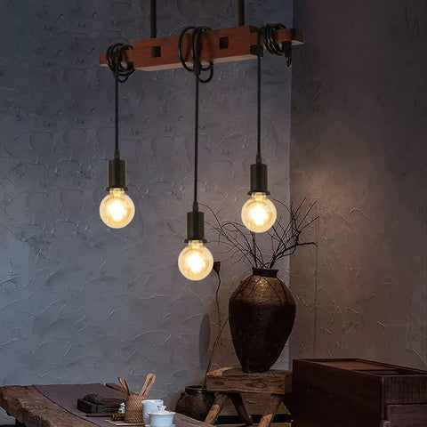 Lámpara colgante industrial, lámpara de techo de madera vintage, lámparas de araña E27 con 3 lámparas, cable ajustable de 120 cm, para cocina, comedor, cafetería y bar (sin bombilla)