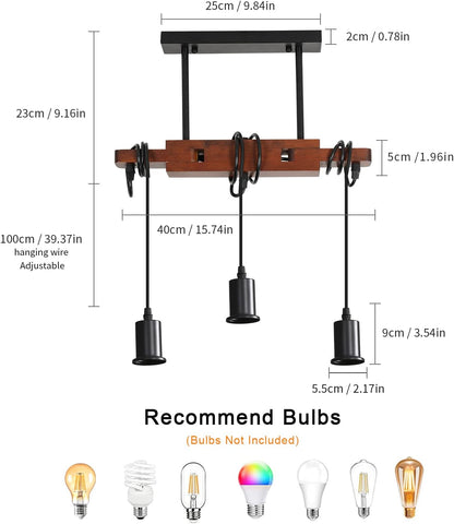 Lámpara colgante industrial, lámpara de techo de madera vintage, lámparas de araña E27 con 3 lámparas, cable ajustable de 120 cm, para cocina, comedor, cafetería y bar (sin bombilla)
