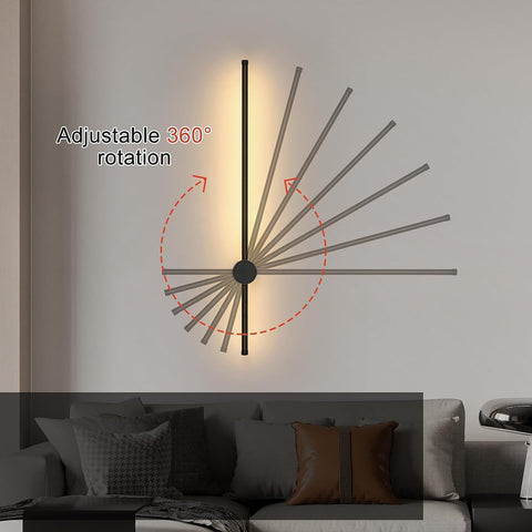 Lámpara de pared LED moderna con forma de línea, giratoria de 360°, blanco cálido, 3000 K, para salón, dormitorio, pasillo, entrada, color negro, 80 cm