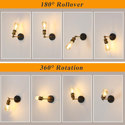 Paquete de 2 luces de pared industriales vintage E27, lámpara de pared de metal retro E27 ajustable a 270 °, luces de pared interiores doradas para escalera, pasillo, sala de estar, cocina (bombilla no incluida)