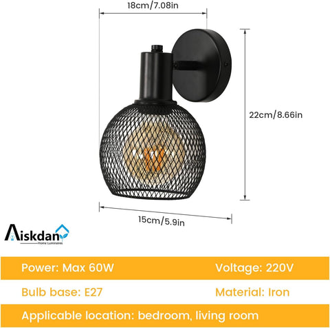 Aplique de pared de metal para interiores, lámpara de lectura de cabecera de hierro, casquillo E27 para sala de estar, dormitorio, oficina (sin bombilla)
