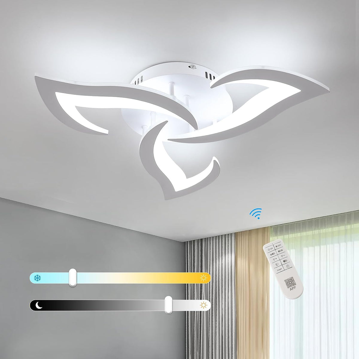 Plafonnier Led Dimmable Forme de fleur créative Lampe de Plafond Dimmable 3000K-6000K 35W Pour salon chambre à coucher salle à manger bureau Blanc