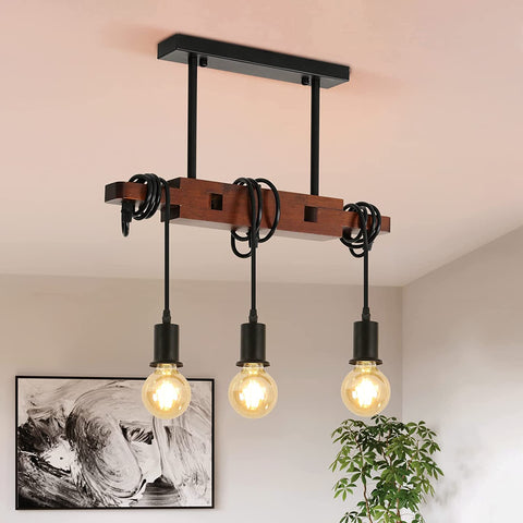Lámpara colgante industrial, lámpara de techo de madera vintage, lámparas de araña E27 con 3 lámparas, cable ajustable de 120 cm, para cocina, comedor, cafetería y bar (sin bombilla)