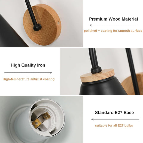 Lámpara de noche nórdica en hierro y madera (Negro, , Casquillo E27,)