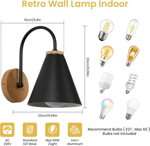 Lámpara de noche nórdica en hierro y madera (Negro, , Casquillo E27,)