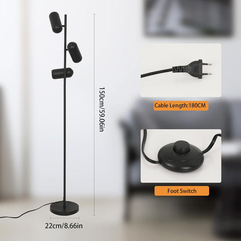 Lámpara de pie minimalista de hierro forjado (3 cabezales negros, cable de 1,8 m) - casquillos GU10, sin bombilla