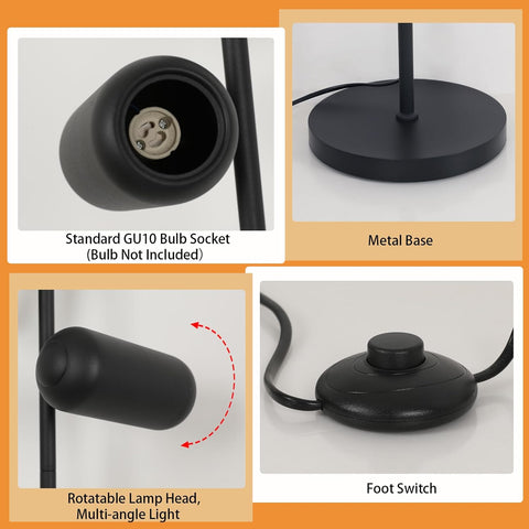 Lámpara de pie minimalista de hierro forjado (3 cabezales negros, cable de 1,8 m) - casquillos GU10, sin bombilla