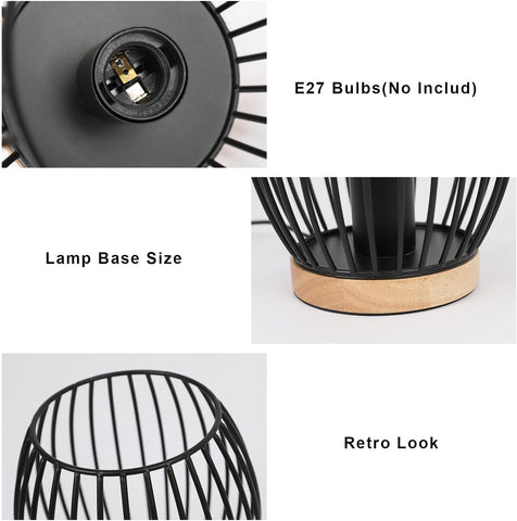 Lámpara de mesa con jaula de metal negro E27, lámpara de escritorio de 21 cm de alto, lámpara de noche interior de diseño decorativo con interruptor de botón para regalos de fiesta, dormitorio, sala de estar (sin bombilla)