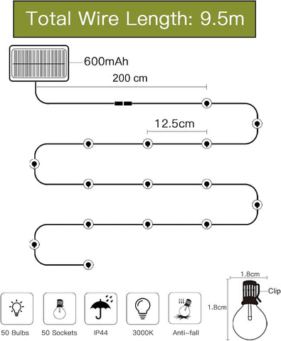 Guirnaldas de luces solares para exteriores, 9,5 M, 50 LED, 8 modos, lámparas solares con control remoto, luces de cadena para exteriores alimentadas por energía solar y USB