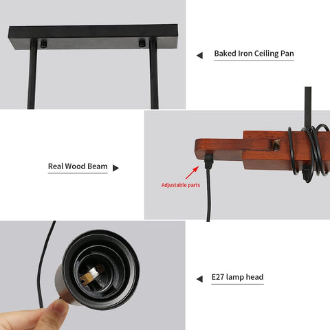 Lámpara colgante industrial, lámpara de techo de madera vintage, lámparas de araña E27 con 3 lámparas, cable ajustable de 120 cm, para cocina, comedor, cafetería y bar (sin bombilla)