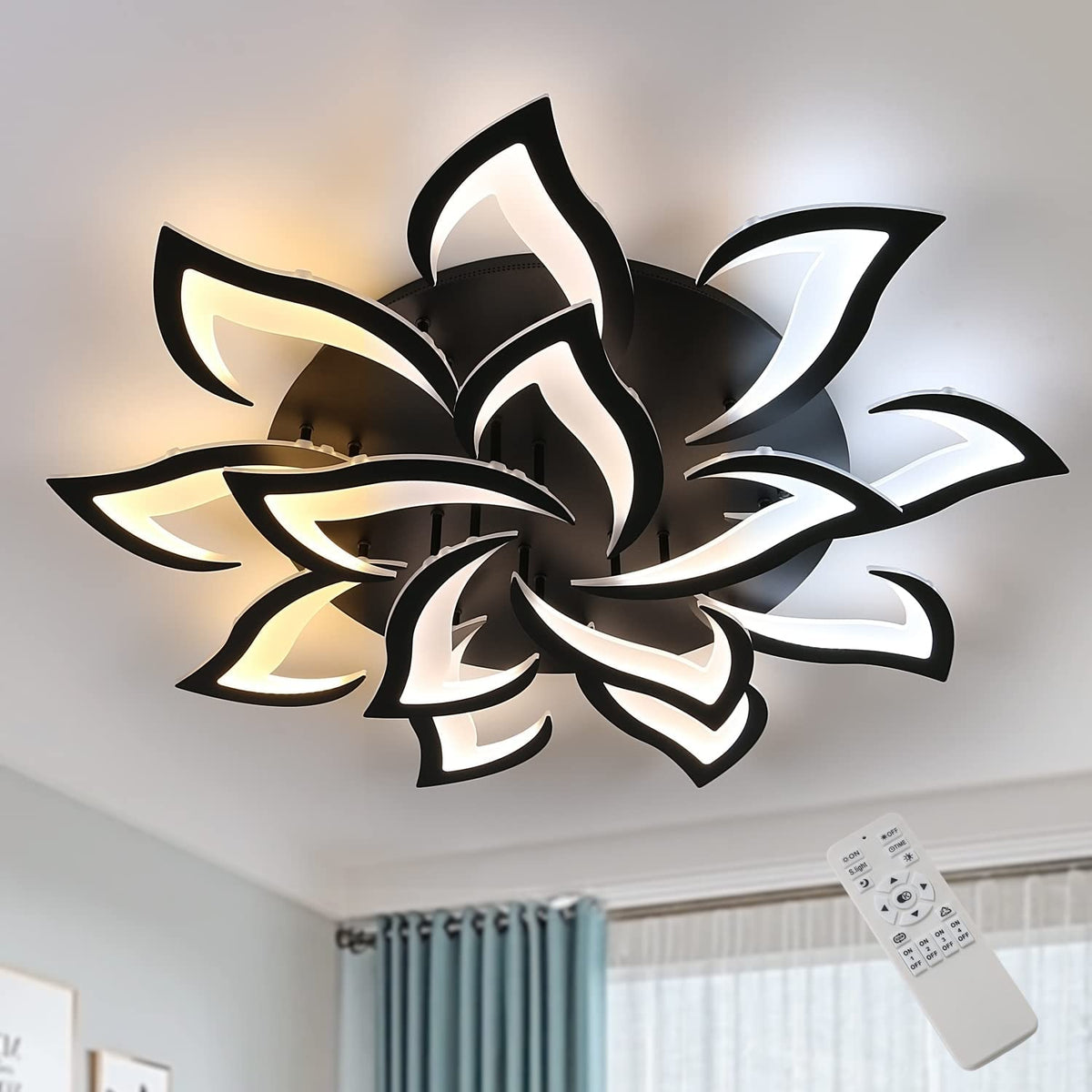 Plafonnier LED, 84W avec Télécommande Plafonnier LED Dimmable 14 Têtes, Lustre Salon Métal Acrylique avec Télécommande APP par Téléphone Mobile, Diamètre 90cm, Convient pour Salon, Chambre Noir