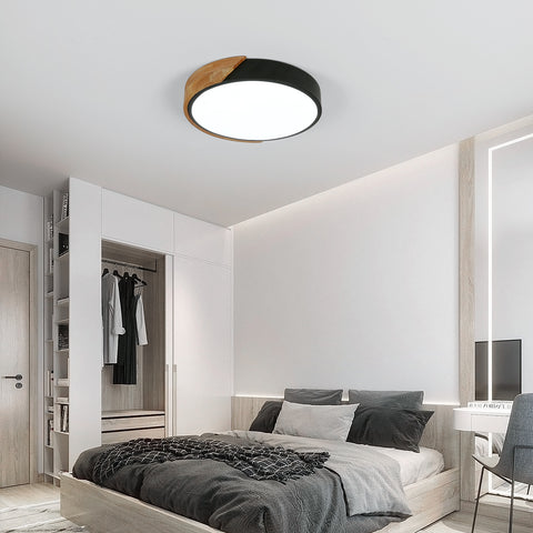 Luz de techo LED redonda de madera 30W, luces de techo interiores 6500K, luces de techo negras