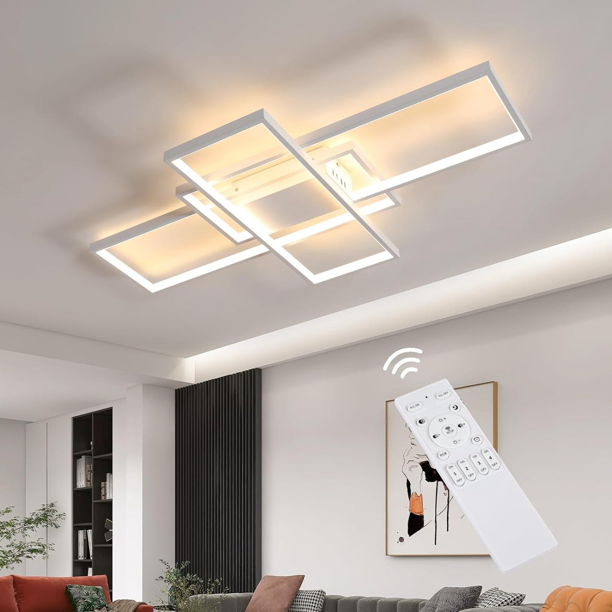 Lámpara de techo LED rectangular regulable moderna - Blanco, 75W, 90*50*9cm, con control remoto, 2700K-6500K, 3 colores de luz - para sala de estar y dormitorio