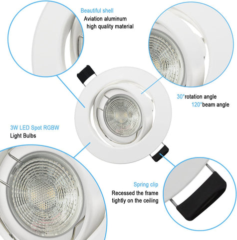 Juego de 6 focos LED empotrables RGB ajustables con cambio de color, 5 W (equivalente a 50 W), blanco cálido 2700 K, luz de techo empotrable redonda de metal blanco con control remoto regulable