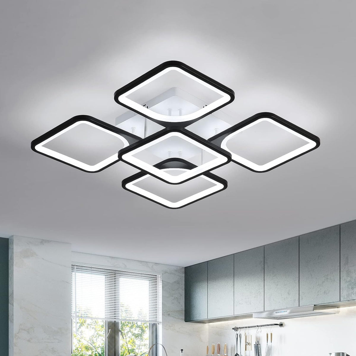 Plafonnier LED Moderne, 4+1 Lumières Plafonnier Acrylique, Éclairage de Plafond Carré Noir 64W 220V, Lamp de plafond Lumière Blanche Froide 6500K pour Salon, Chambre, Étudier (Pas Dimmable)