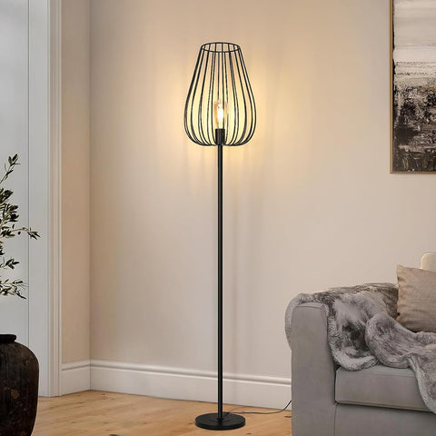 Lámpara de pie vintage con pantalla de metal, lámpara de pie con interruptor de pie, lámpara de salón de metal negro, casquillo E27 sin bombilla