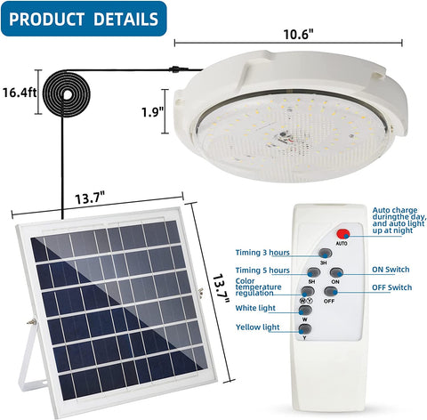 Lámpara solar para exteriores, lámpara de techo con control remoto, iluminación solar impermeable IP54 para jardín, 80 W, temperatura de color ajustable 3000 K/4500 K/6000 K