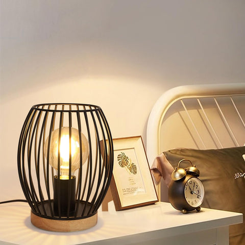 Lámpara de mesa con jaula de metal negro E27, lámpara de escritorio de 21 cm de alto, lámpara de noche interior de diseño decorativo con interruptor de botón para regalos de fiesta, dormitorio, sala de estar (sin bombilla)