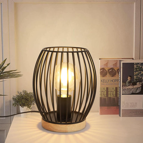 Lámpara de mesa con jaula de metal negro E27, lámpara de escritorio de 21 cm de alto, lámpara de noche interior de diseño decorativo con interruptor de botón para regalos de fiesta, dormitorio, sala de estar (sin bombilla)