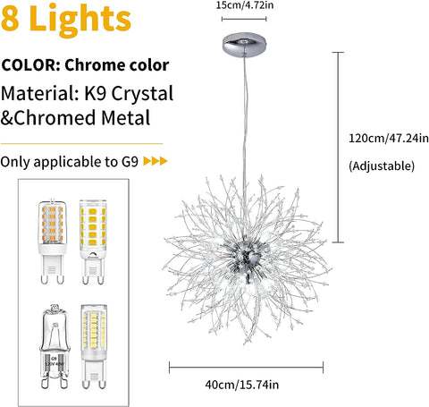 Lámpara de araña de cristal, lámpara colgante moderna de fuegos artificiales cromados, 8 luces, accesorio de iluminación colgante para sala de estar, dormitorio, comedor, cocina, pasillo (diámetro 40 cm) Bombilla no incluida