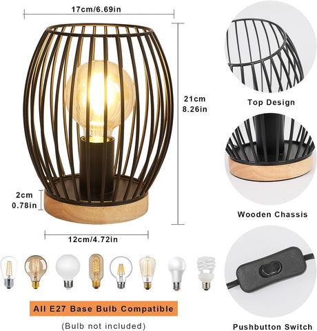 Lámpara de mesa con jaula de metal negro E27, lámpara de escritorio de 21 cm de alto, lámpara de noche interior de diseño decorativo con interruptor de botón para regalos de fiesta, dormitorio, sala de estar (sin bombilla)