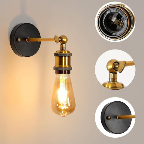 Paquete de 2 luces de pared industriales vintage E27, lámpara de pared de metal retro E27 ajustable a 270 °, luces de pared interiores doradas para escalera, pasillo, sala de estar, cocina (bombilla no incluida)