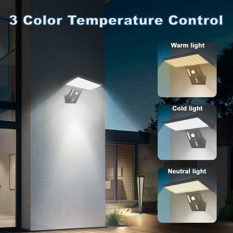 Luz solar al aire libre, 90 LED luz solar al aire libre con sensor de movimiento, 4 modos lámpara solar de seguridad impermeable al aire libre, lámpara de pared de control remoto de 3 colores para jardín patio
