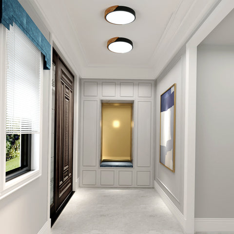 Luz de techo LED redonda de madera 30W, luces de techo interiores 6500K, luces de techo negras