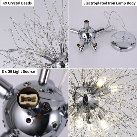 Lámpara de araña de cristal, lámpara colgante moderna de fuegos artificiales cromados, 8 luces, accesorio de iluminación colgante para sala de estar, dormitorio, comedor, cocina, pasillo (diámetro 40 cm) Bombilla no incluida