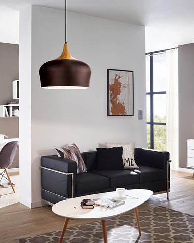 Lámpara colgante moderna de metal marrón, crema y plástico aspecto roble con casquillo E27 para mesa de comedor o salón